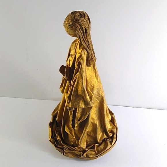 Gold Angel Tree Table Topper Papier Mache No Face Primitive Art Praying 15" Tall - Picture 4 of 6